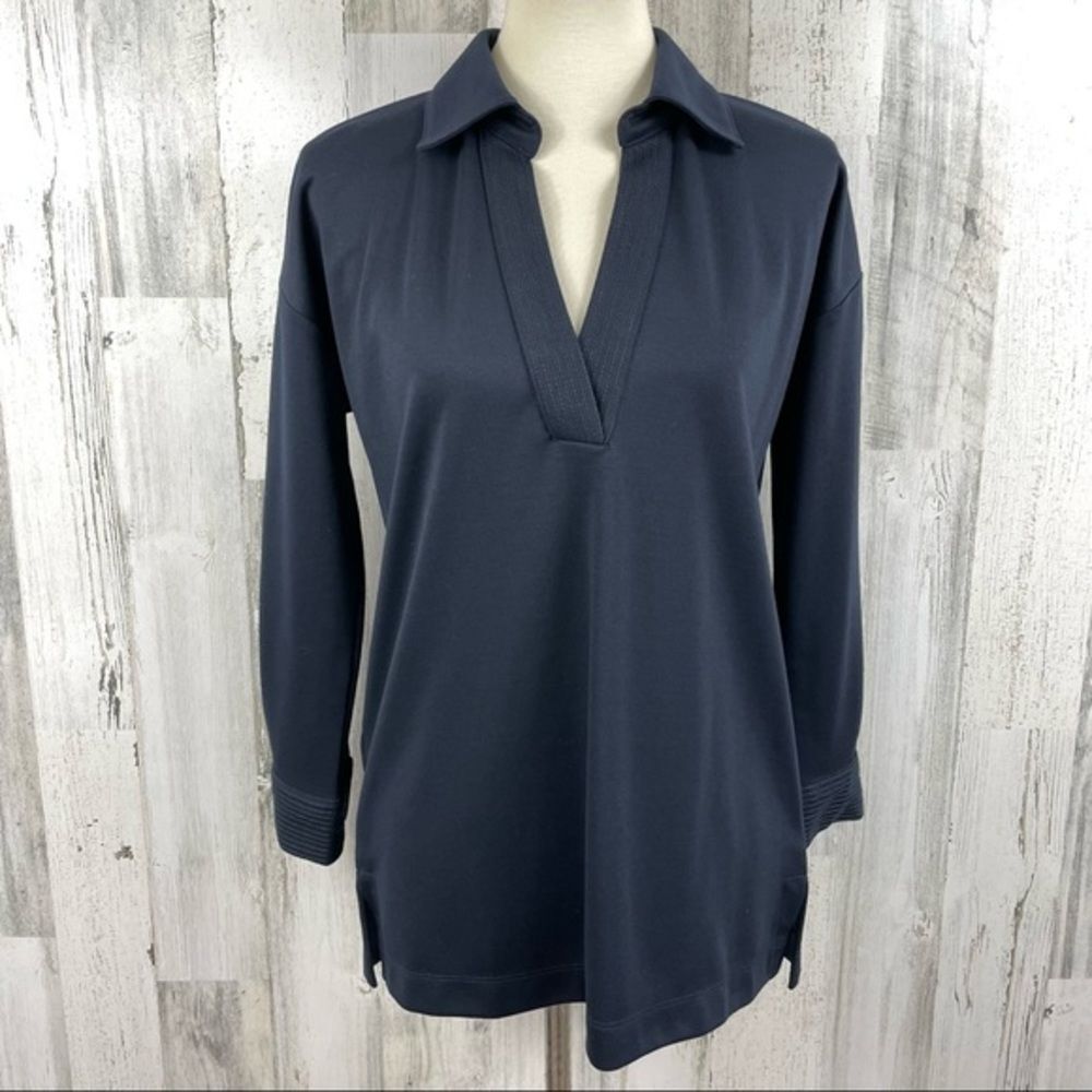 Soft Surroundings Women’s Blue V Neck Long Sleeve Point Collar Knit‎ Blouse PXS